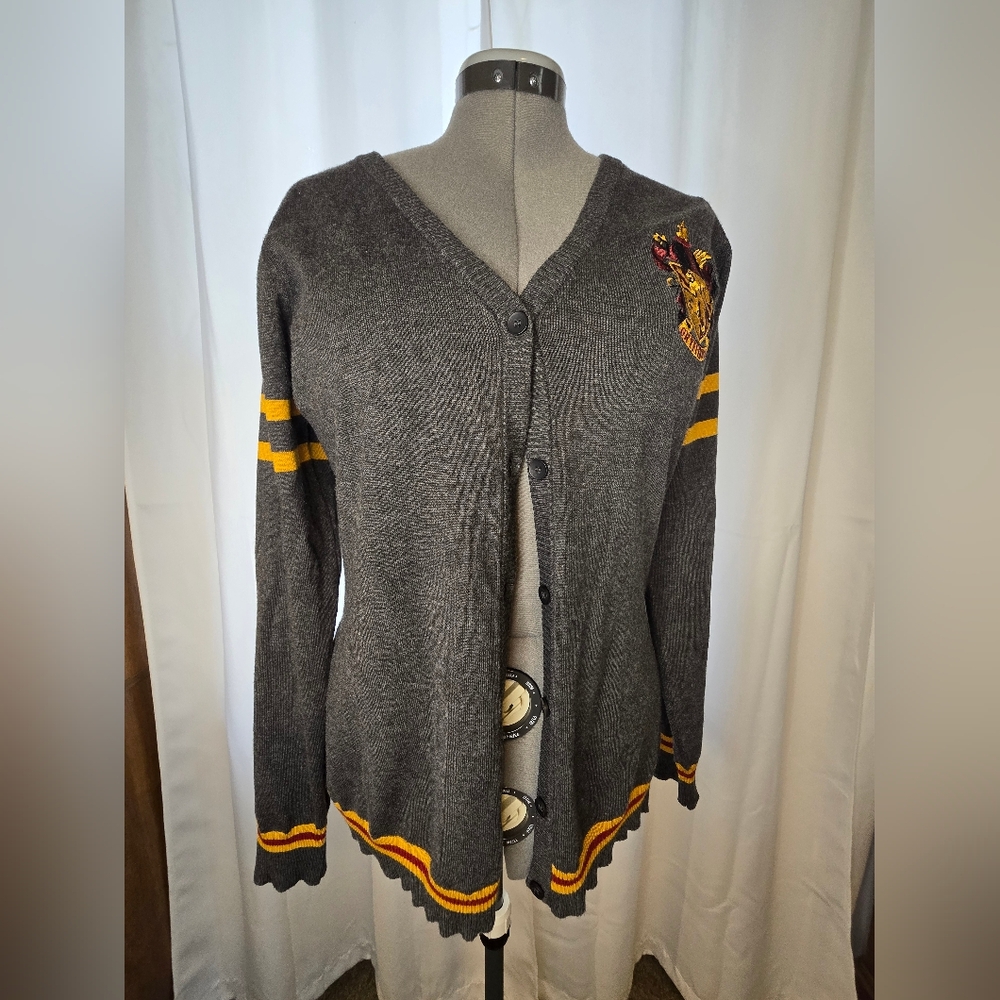 Harry Potter Gryffindor Charcoal Gray V-Neck Cardigan Sweater with Yellow Trim